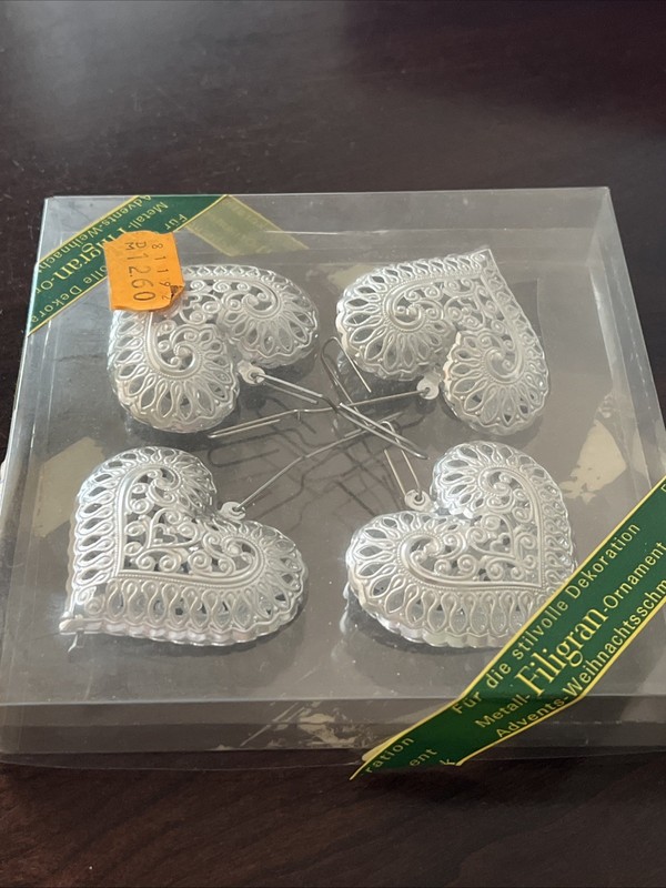 4 - Vintage Germany 3D Heart Ornament Silver Metal Kiligran Ornaments