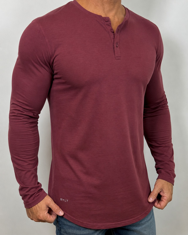 mens - BYLT shirt - L - HENLEY - DROP CUT L/S - BYLT BLEND - Burgundy - Athletic