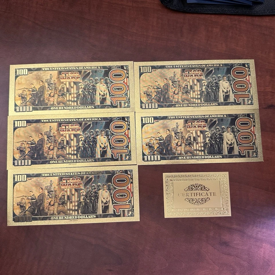 Juego de 5 billetes de Star Wars de lámina de oro 24k. ¡Un fantástico coleccionable o regalo! Foto 2 de 4