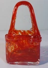 Vintage Art Glass Purse Basket Red Tangerine Applied Handle Murano Style 7"