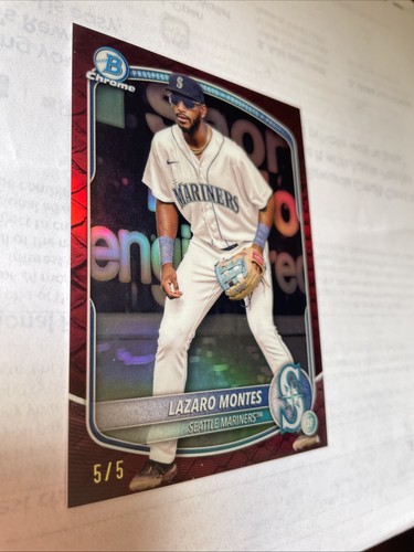 2025 Bowman Chrome Prospects Lazaro Montes Red Rettilian #5/5 SP Mariners BCP-23 - Foto 9 di 13