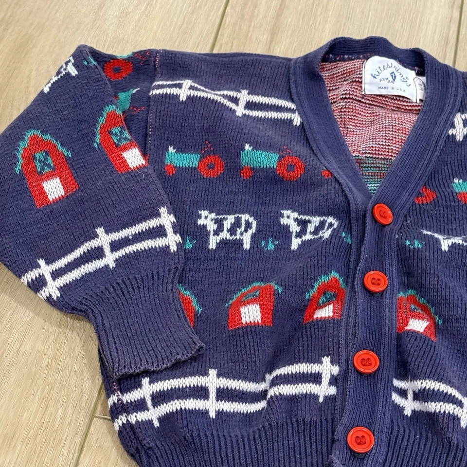 Kitestrings Cardigan Sweater Boys 5/6 Farm Scene Cows Tractor USA Made VTG - Image 3 of 4