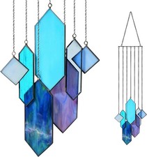 Stained Glass Window Hanging Sun Catcher - Blue Wall Art, Earth Tones Modern Des