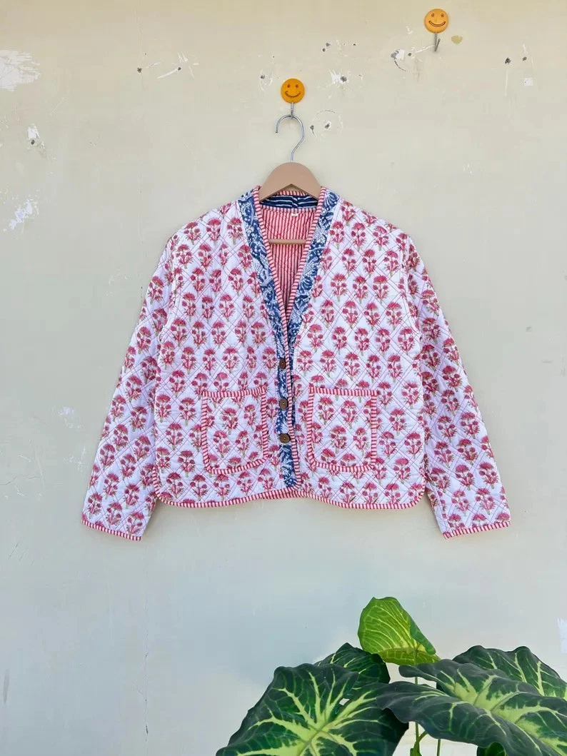 Indian Red Floral Cotton Quilted Unisex Jackets Women's Clothing Jackets US
