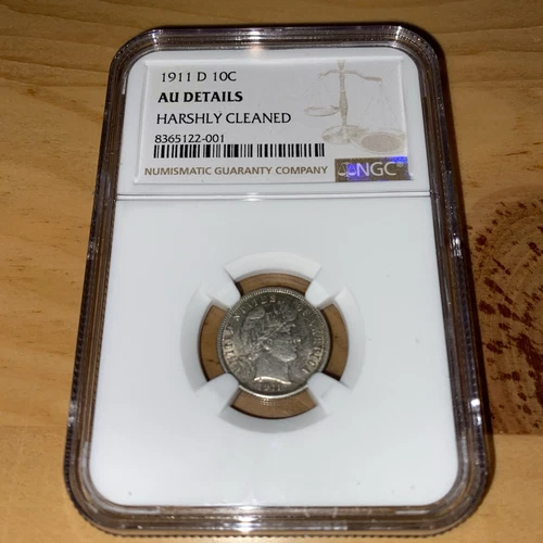 1911-D Barber Dime, NGC AU Details, Cleaned