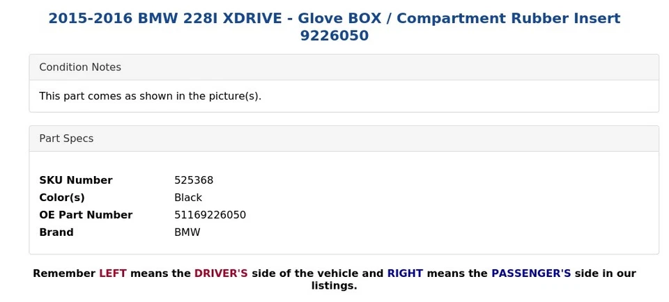 BMW 228I XDRIVE 2015-2016 - Guantera/Compartimiento Inserto de goma 9226050 Foto 4 de 4