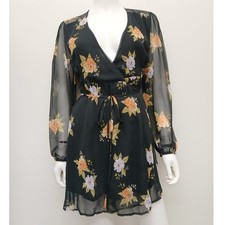 Urban Outfitters Black Floral Wrap Mini Dress Bleecker Sheer Sleeve Small Boho
