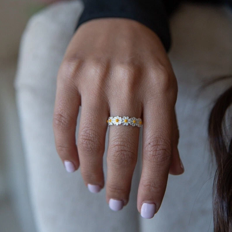 Silver Daisy Flower Enamel Ring - Dainty Floral Jewelry for Women Boho Ring - Image 3 of 4