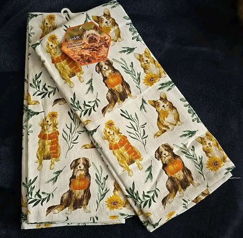 Colordrift Kitchen Towels 2 Pack Dogs Pumpkins Corgi Fall Autumn Dish NEW - Picture 6 of 6