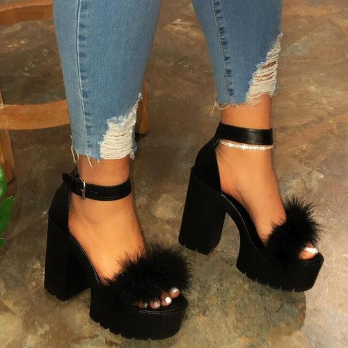 Womens High Block Heels Platform Plush Faux Fur Sandals Open Toe Ankle  Strap SZ | eBay