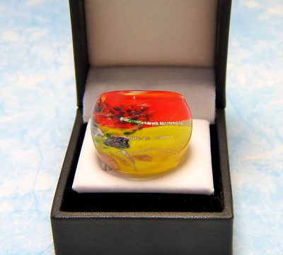 Urban Asian Inspired Fiery Red & Yellow Hand Blown Glass Bling Ring size 8.5