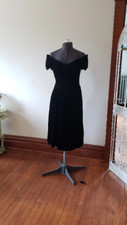 80s dress black velvet off shoulder cocktail formal Tea length