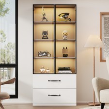 Glas Vitrine Standvitrine Highboard Bücherregal mit LED-Lichten Hartglastüren Sc