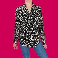 NWT Tahari Black Tan Abstract Satin Button Down Shirt 