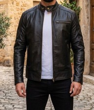 Men's Black Genuine Leather Motorcycle Biker Jacket Stand Collar Zip Up Slim Fit