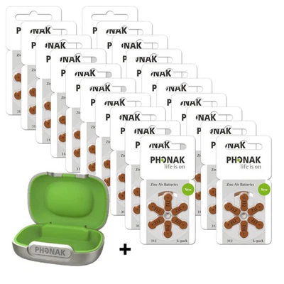 120x Pilas para audífonos Phonak + estuche - P312 marrón PR41 - (20x blister de 6)