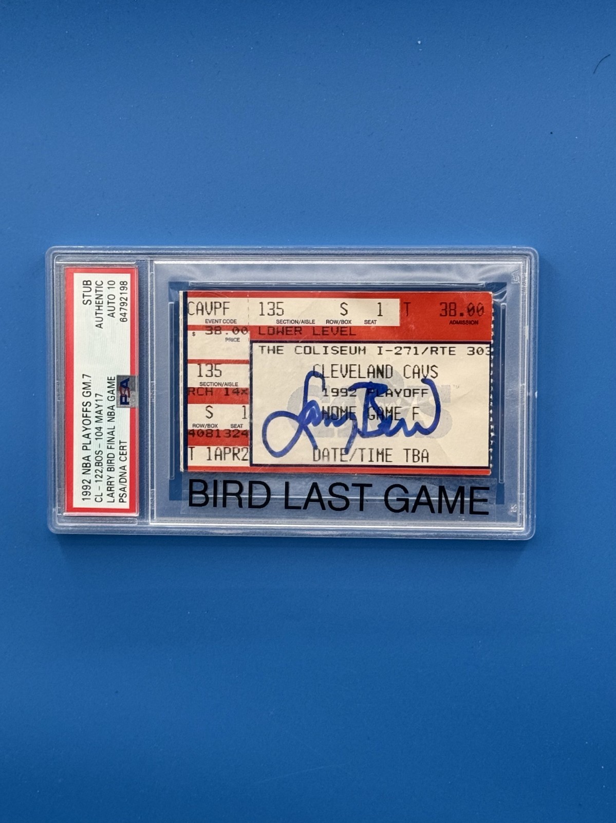 1992 Game 7 Larry Bird's last game signed TICKET PSA auto 10 