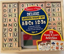 Melissa & Doug Wooden Stamp Set ABC 123 Deluxe 71 Pieces Sealed Learning Gift 