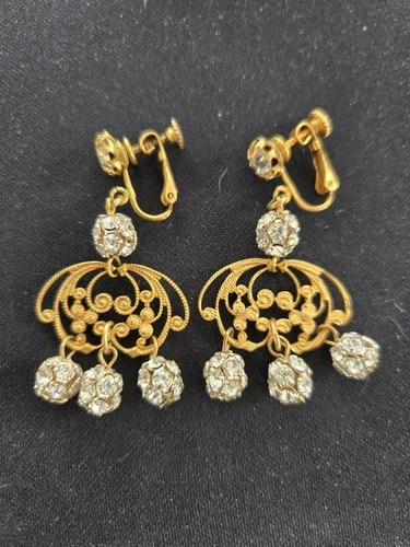 Miriam Haskell Clip Earrings Gold Tone & Rhinestone Dangle