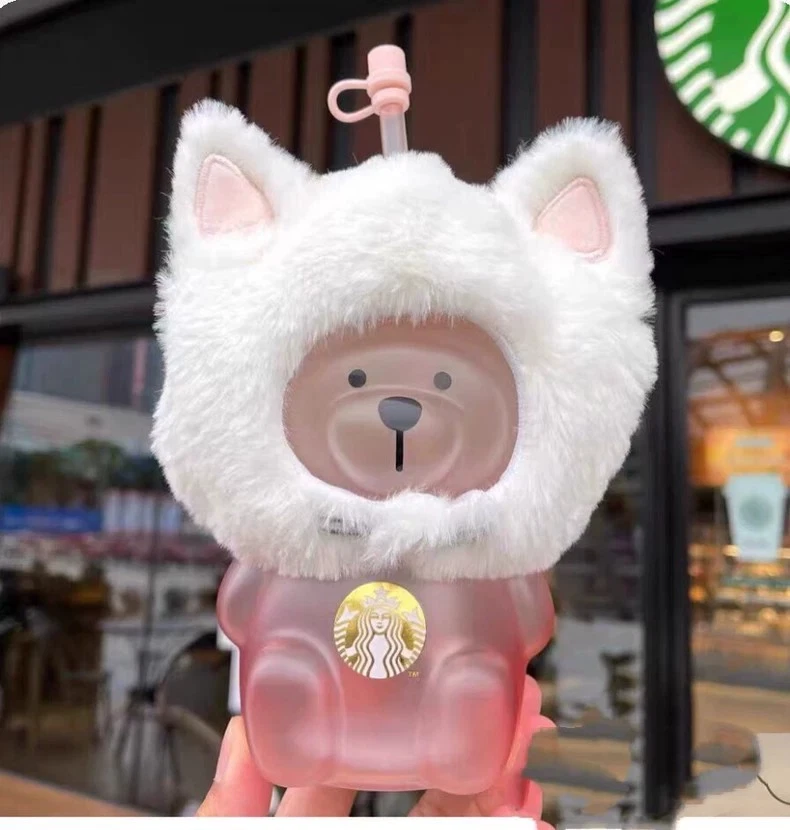 China Starbucks Pink Sakura Cat Cap Bear 19oz Glass Straw Cup Tumbler/pink^^ - Image 2 of 4