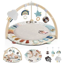 Baby Play Gym & Activity Mat, 5 Developmental Zones Wooden Tummy Time Mat wit...