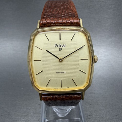 #ad Seiko Pulsar Tank Watch Men 30mm Champagne Dial Gold Tone Y100 5549 New Battery $42.49