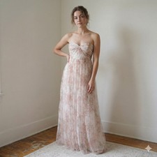 Jenny Yoo Nyla Dress Womens 2 Pink Watercolor Floral Strapless Tulle Gown