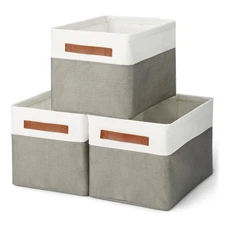 AMAZON BASICS COLLAPSIBLE STORAGE BINS WITH LEATHER HANDLES LARGE - CHARCOAL