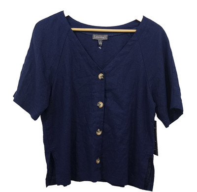 Luxology Linen Rayon Blend Button Front Too Navy Short Sleeve NWT Women's Size S