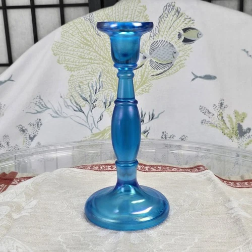 Vintage Fenton 1920's Celeste Blue Iridescent Stretch Glass Candlestick Holder