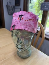 Handmade Pink RN Nurse Print Cotton Tie-Back Scrub Cap, One Size Unisex