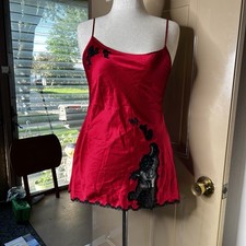 Victoria Secret Red Satin Lace Trim Nightie Slip Dress Y2K Medium Vintage
