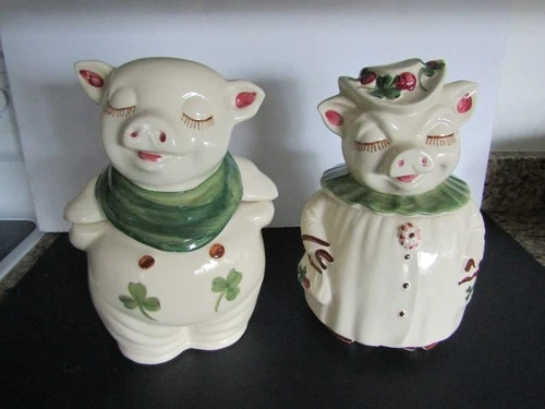 2 Vtg Shawnee Pottery Smiley & Winnie Pig Shamrock Clover Cookie Jars RARE SET