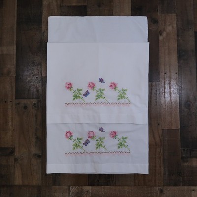 Pair of Embroidered Pillow Cases Roses Butterflies Vintage Linens Floral