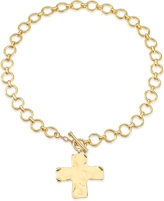 Chunky Statement Gold Plated Hammered Bold Cross Necklace Thick Chain Vintage Pe
