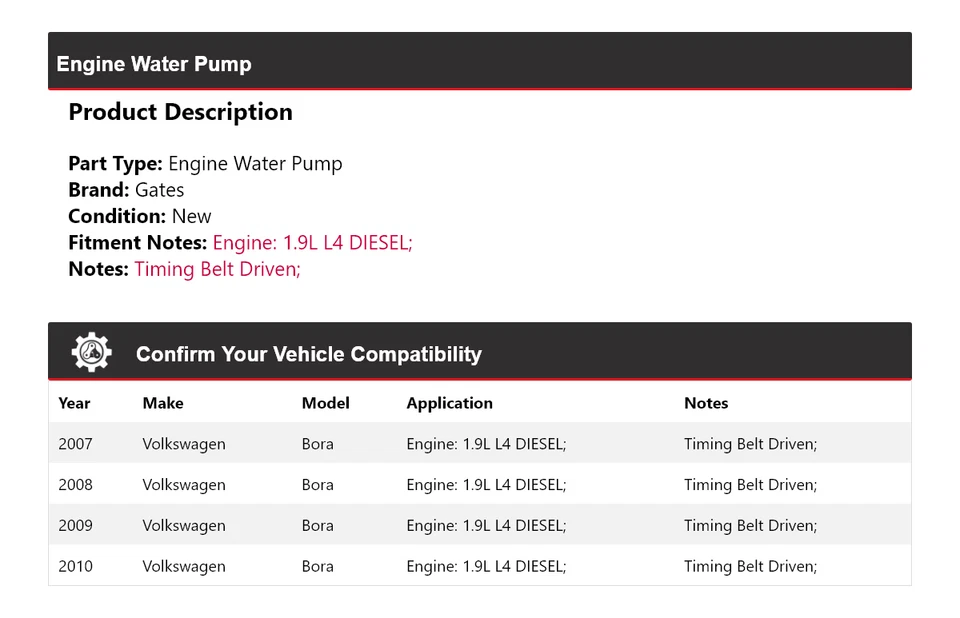Para Volkswagen Bora 2007-2010 1.9L L4 Motor Diesel Bomba Agua Puertas 2008 2009 Foto 2 de 4