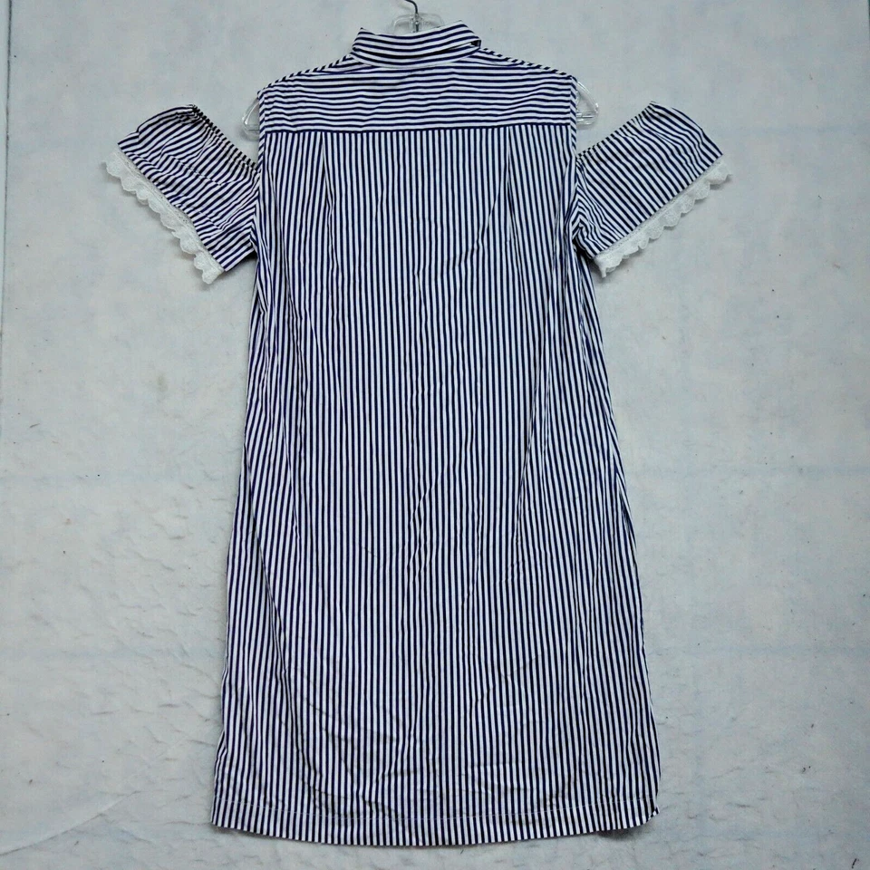 Holy Caftan Cold Shoulder Shirt Dress Women's Size 40 White/Blue Striped Cotton - Image 2 of 4