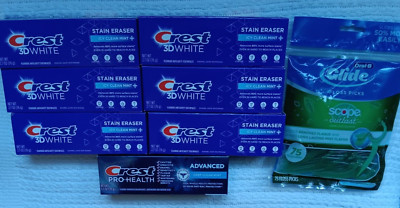 Crest Toothpaste Lot 3D White 2.7oz Pro Health 3.5oz Oral B Glide Floss Picks
