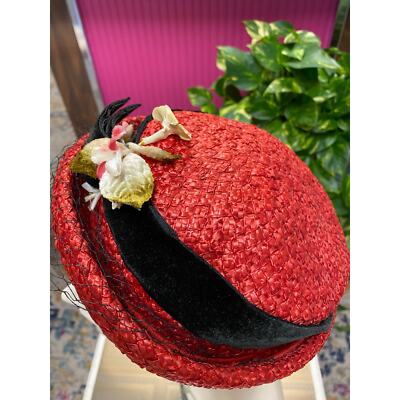 Vintage boater style ladies hat navy blue & faded red flower on velvet hatband 1950s red straw hat with flowers, breton boater, velvet  main image 3