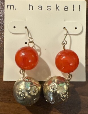 Miriam Haskell Gold Tone Red Round  Teardrop Dangly Costume Jewelry Earrings NWT