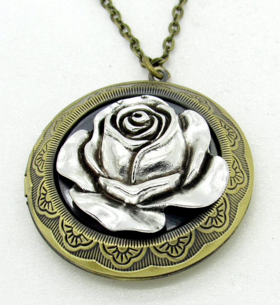 Bronze Silver Tone Rose Flower Round Locket Pendant Necklace Photo Love