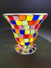 Mosaic tea-light holder in rainbow colors.  A rare find Handmade in India.
