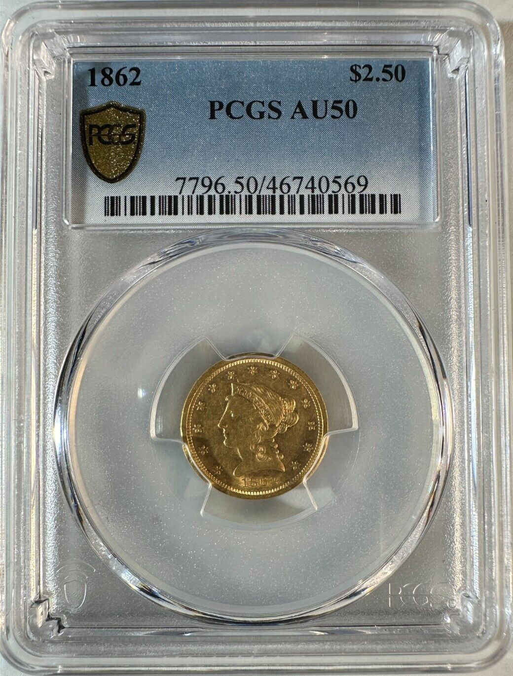 1862 $2.50 Liberty (Coronet) Head Gold Quarter Eagle, Civil War, PCGS AU50