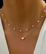 Woman 2 Necklace CZ Heart Pendant Charm 18K Gold Plated Stainless Steel Chain