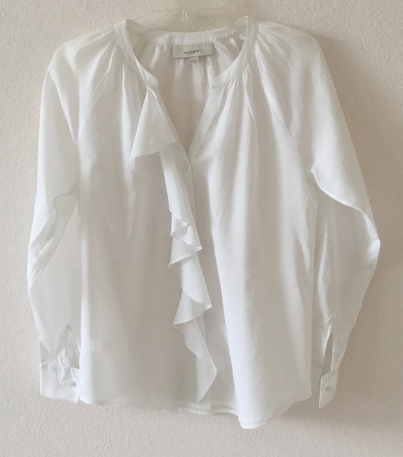 AnnTaylor LOFT White Cotton Button Down Long Sleeve Ruffle Front Shirt Blouse XS | eBay