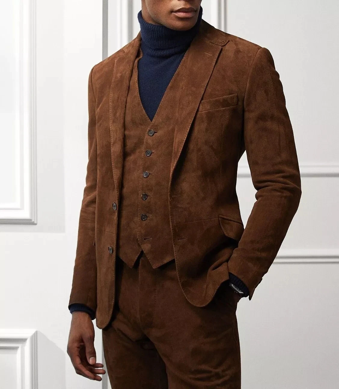 Men's Genuine dark tan suede Leather Blazer Jacket Soft Coat