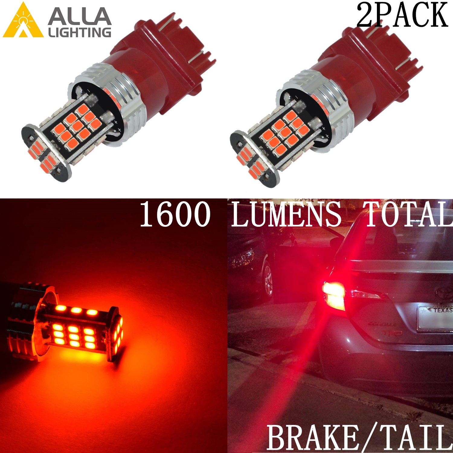 Alla Lighting 3157 3020 30-LED Brake Stop Tail Lights Bulbs Lamps,Vivid Red,2pcs