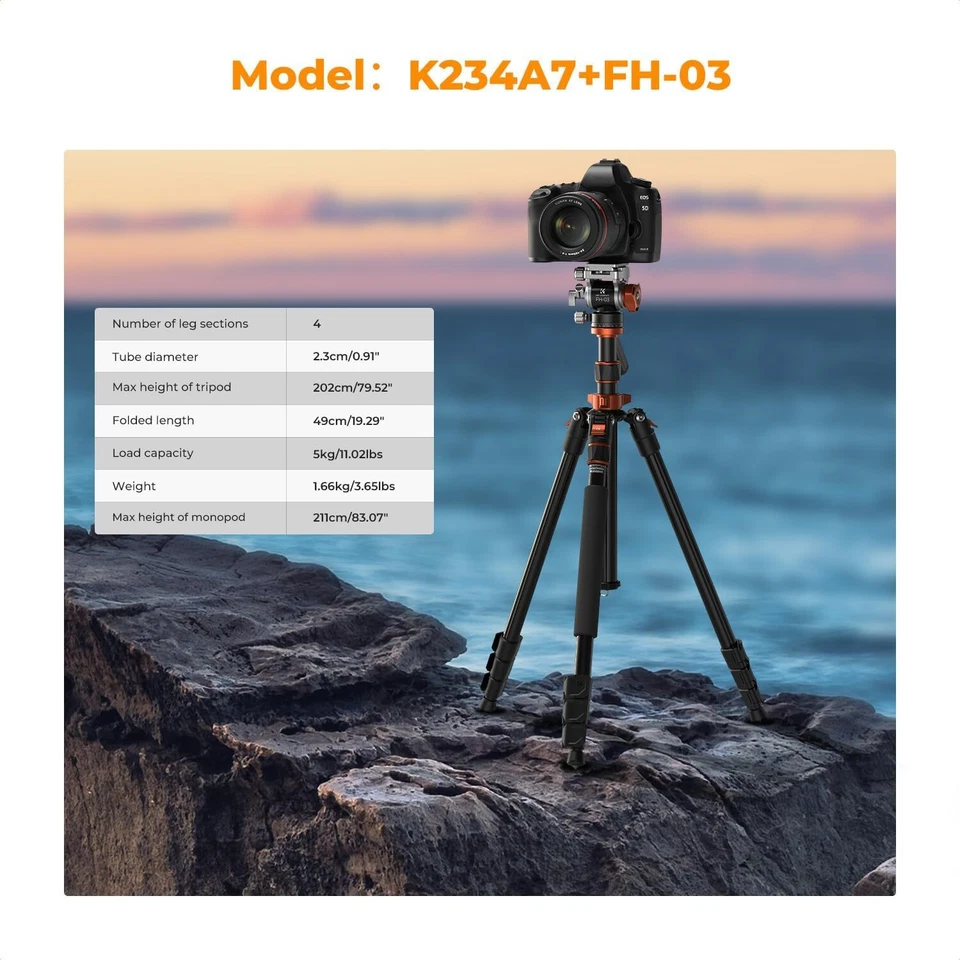 K&F Concept 83" Camera Video Tripod w/ 360° Panorama Fluid Head Compact for DSLR - Image 3 of 4