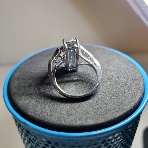 925 Silver Plated Colorful Square Topaz Ring For Women in Rainbow and Green. - Picture 8 of 14