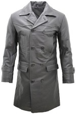 Mens Classic Black Uboat German Naval Military Pea Coat Cowhide Leather Jacket
